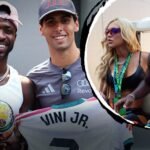 Vini Jr. presenteia Gabriel Bortoleto com camisa autografada no GP da Espanha