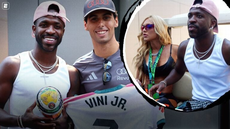 Vini Jr. presenteia Gabriel Bortoleto com camisa autografada no GP da Espanha